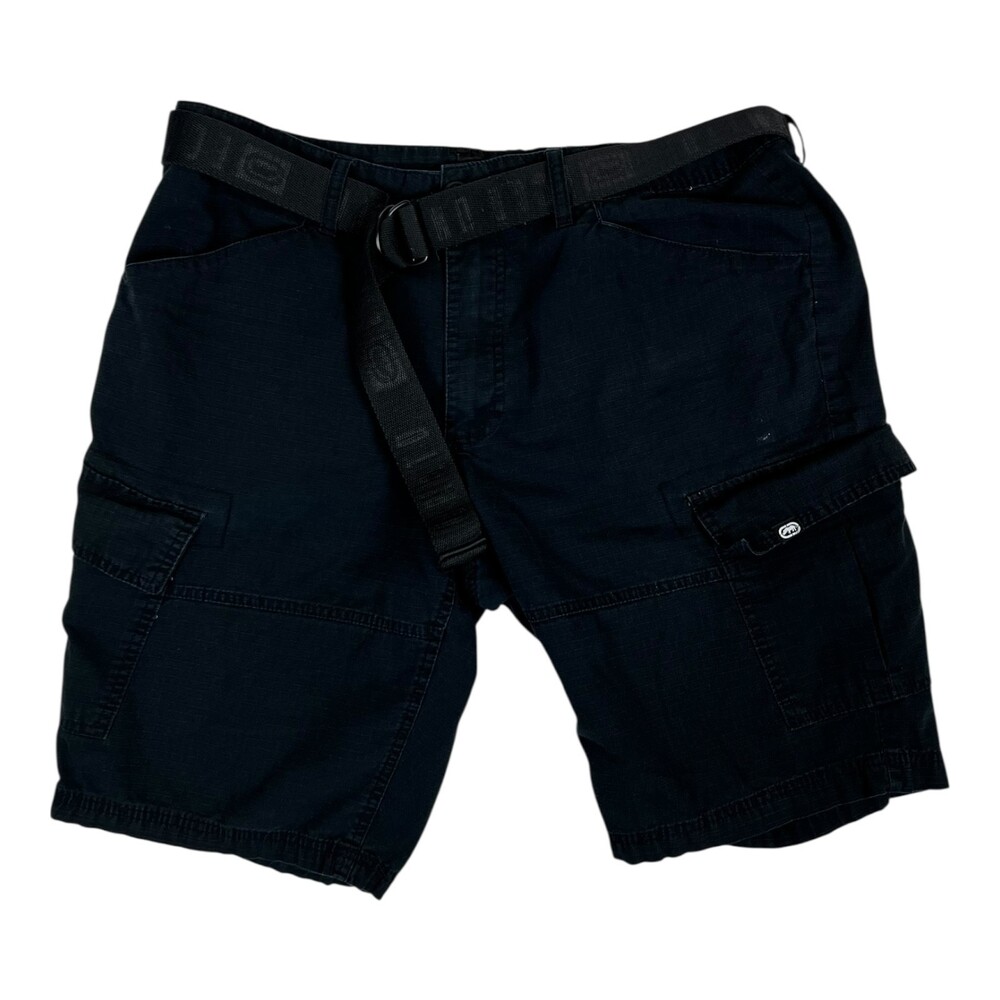 Vintage Ecko Unltd Cargo Black Shorts Size 36 Belted Y2K Rip Stop